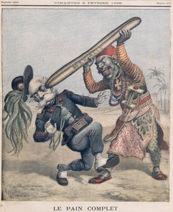 Karykatura Francesco Crispi (1818-1901) i klęska armii włoskiej podczas oblężenia Makalle w Etiopii. okładka „Le Petit Journal”, 9 lutego 1896 r.